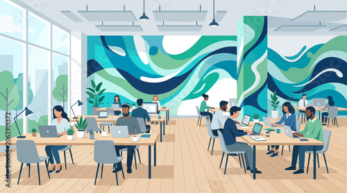 A spacious co-working area features multiple individuals working independently yet connected, against a backdrop of a fluid abstract wall mural. This flat design illustrates modern collaborative work 