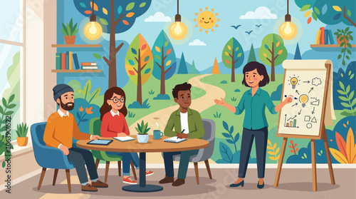 A diverse team engages in a brainstorming session within a vibrant, modern office, featuring a striking geometric wall mural. This flat design illustration captures dynamic teamwork and innovation.