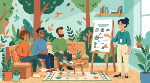 A diverse team engages in a brainstorming session within a vibrant, modern office, featuring a striking geometric wall mural. This flat design illustration captures dynamic teamwork and innovation.