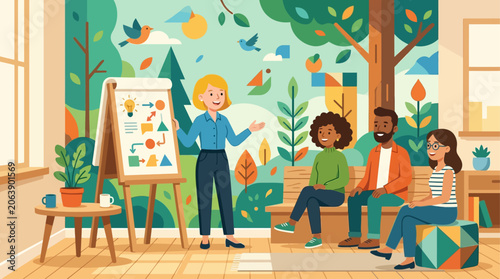An employee delivers a casual stand-up presentation to a small team in a creative office nook, enhanced by a whimsical, nature-themed wall mural. This flat design conveys informal learning 