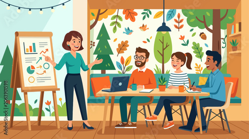 An employee delivers a casual stand-up presentation to a small team in a creative office nook, enhanced by a whimsical, nature-themed wall mural. This flat design conveys informal learning 