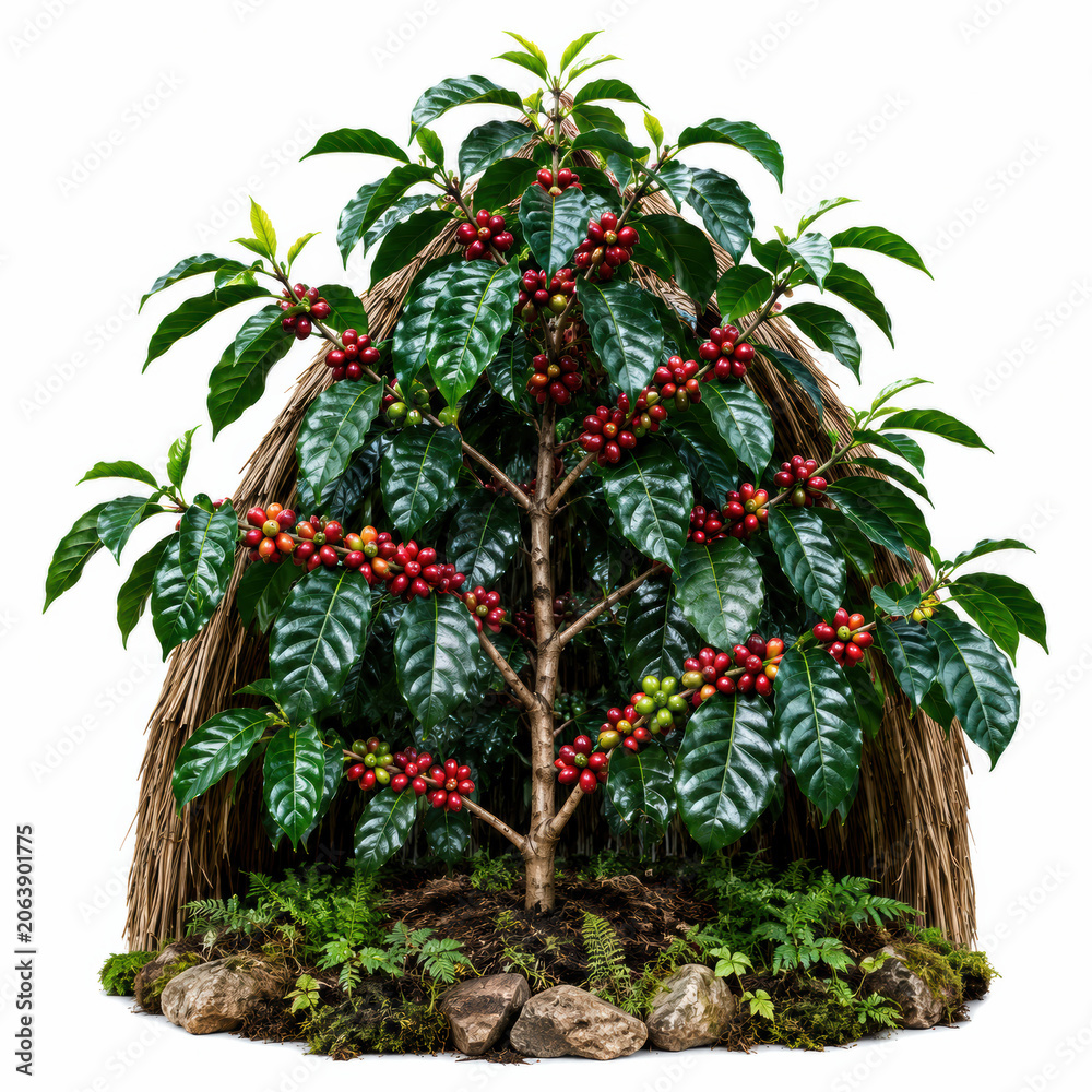Obraz premium coffee plant with ripe red and green coffee cherries, surrounded by small ferns and rocks, displayed against a white background.