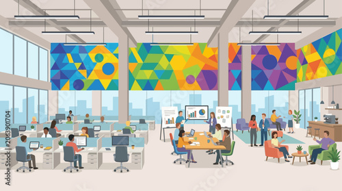 A wide view of an entire office floor reveals diverse activity zones, unified by a vibrant, continuous geometric pattern wall mural. This flat design illustrates a dynamic and modern work environment.