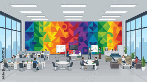 A wide view of an entire office floor reveals diverse activity zones, unified by a vibrant, continuous geometric pattern wall mural. This flat design illustrates a dynamic and modern work environment.