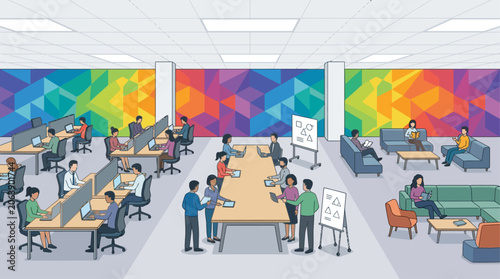 A wide view of an entire office floor reveals diverse activity zones, unified by a vibrant, continuous geometric pattern wall mural. This flat design illustrates a dynamic and modern work environment.