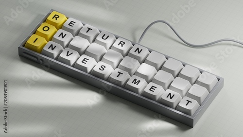 Return on Investment, ROI. Computer keyboard keys with alphabet building the word ROI. Computer keyboard keys. Copy space.3D rendering