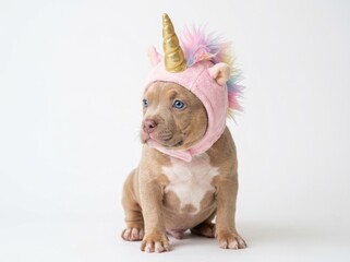 Cute puppy wearing a pink unicorn hat isolated on white background