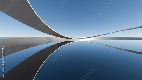 Konstfotografi Abstract 3D render of a minimalist white curved structure with a mirror-like wat