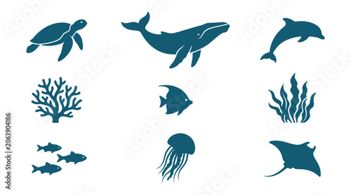 Photography Ocean Life Icons: Whale, Dolphin, Turtle, Fish, Jellyfish, Coral, Seaweed, Ray