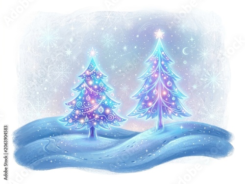 Magical winter landscape illustration with two glowing christmas trees on a snowy hill under a starry sky