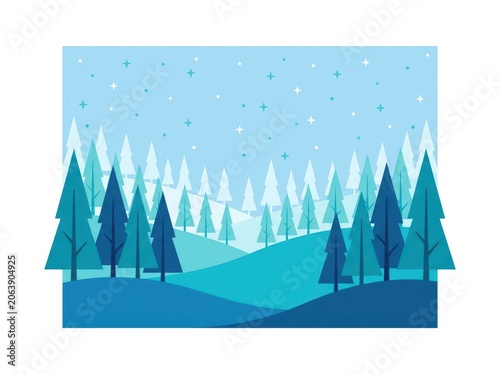 Winter landscape with pine trees and starry sky