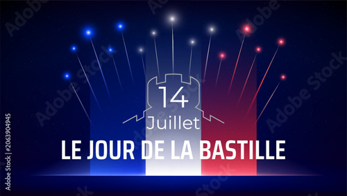 Banner 14 july bastille day in france. French national holiday. Fireworks france flag. Lighting like the french flag. Dark night sky. Vector. Translation: Bastille Day July 14