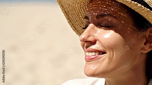 Woman smiling on beach with sunlight filtering through hat. Profile view of caucasian female enjoying sun on skin during summer travel. Vacation leisure concept
