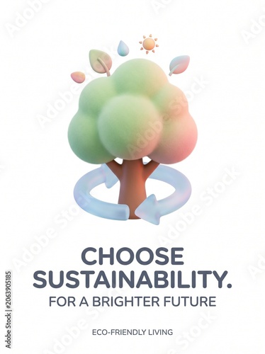 A tree with colorful leaves and a recycling symbol represents eco-friendly living for a sustainable future.