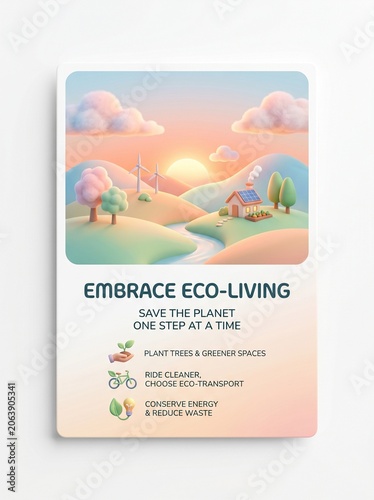 Eco-friendly village scene with green trees and renewable energy at sunset