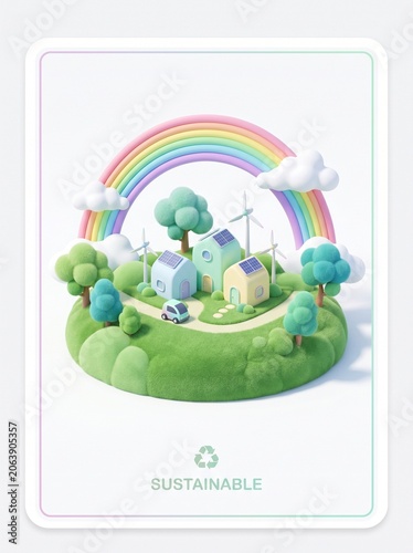 A sustainable village with houses, wind turbines, and rainbow under cloudy sky