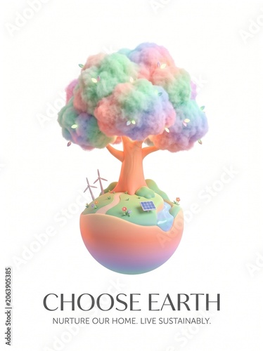 Vibrant tree grows on a colorful earth with sustainability message