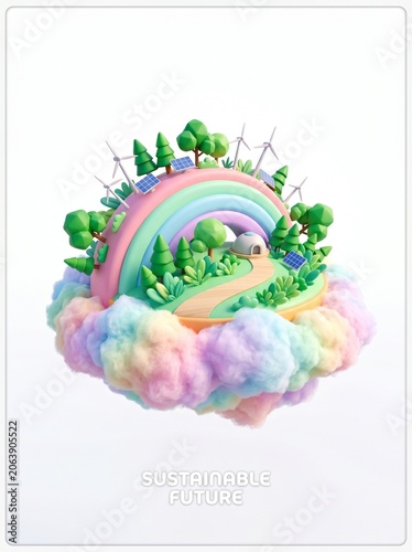 A vibrant rainbow appears over a lush forest on a colorful cloud, symbolizing a sustainable future with trees and greenery thriving.
