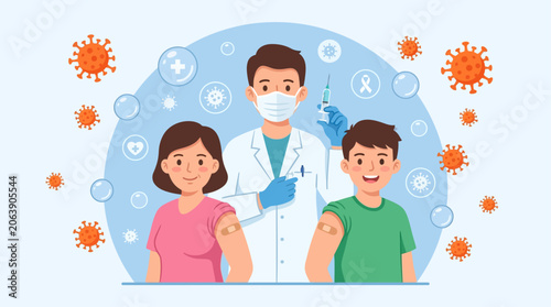 Obraz na plátne Doctor vaccinates a woman and a boy against COVID-19