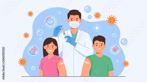 Fotografie Medical professional administering vaccination to two individuals indoors with h