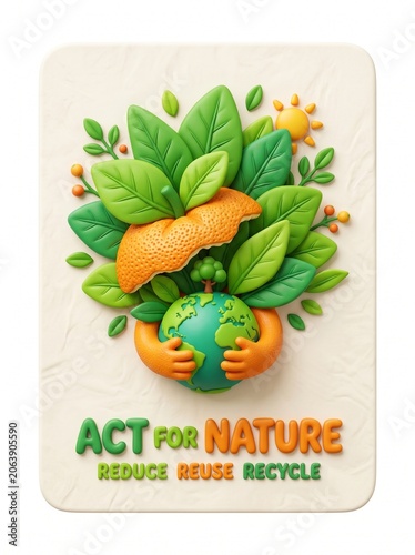 Hands cradle the Earth with lush green leaves and vibrant orange fruits surrounded by eco-friendly slogans.