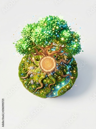 Vibrant tree grows on glowing earth with sparkling lights and roots.