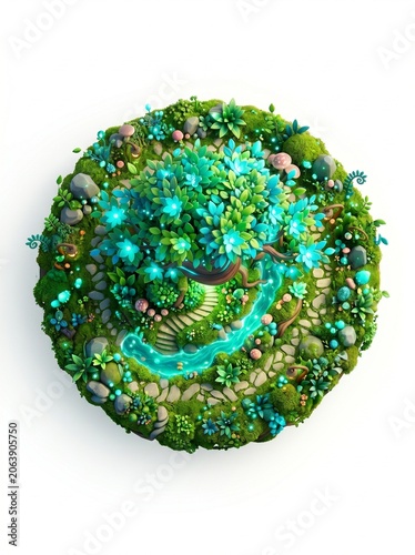 Vibrant microscopic view of a lush ecosystem thriving on a mossy green planet with glowing blue river and diverse flora.