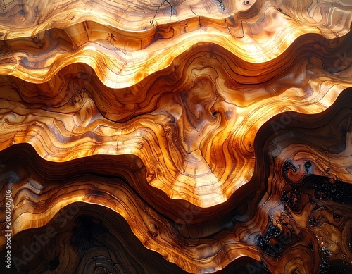 A swirling abstract pattern of vibrant orange, brown, and black hues
