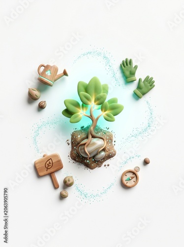 A small green plant grows from a pile of dirt surrounded by gardening tools.