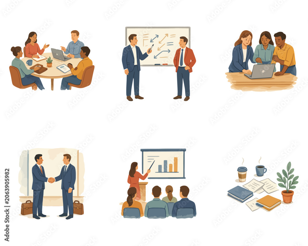 Fototapeta premium Watercolor Business Meeting Clipart Collection, Professional Teamwork vector illustration isolated on white background