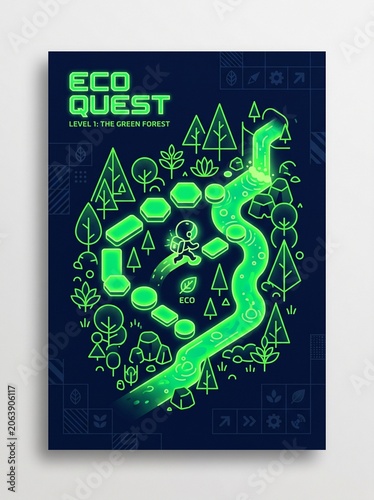A person explores a vibrant green maze in a neon-lit forest environment with various symbols.
