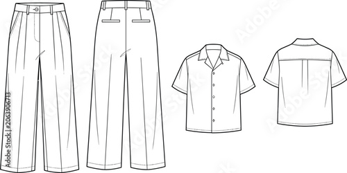 Schilderij op canvas Blank wide leg trousers and camp collar short sleeve shirt technical flat sketch