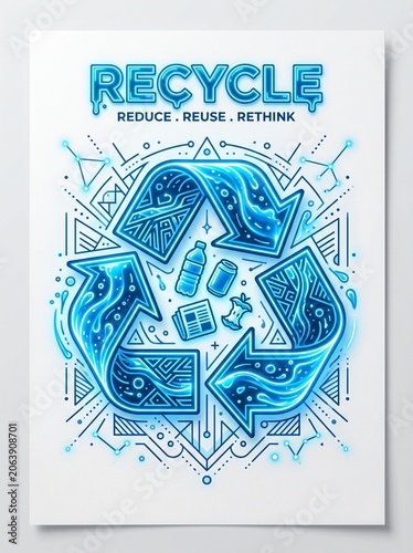 A vibrant illustration of recycling symbols and eco-friendly products promotes environmental sustainability and conservation on a white background.