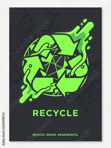Recycling symbol made of green liquid on a dark background with recycle text