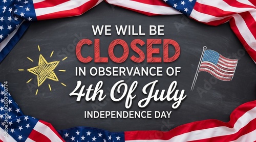 We will be closed in observance of 4th of july independence day american flags and star on chalkboard.
