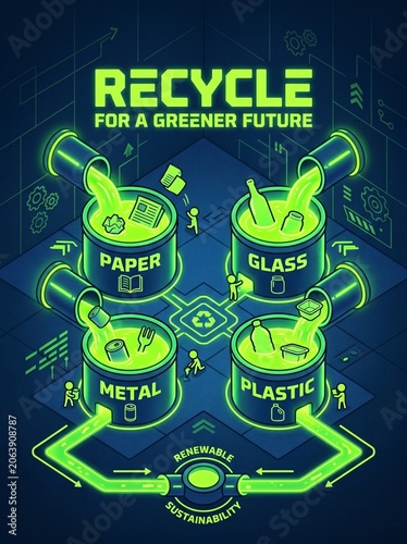 Recycling facilities sort paper, glass, metal, and plastic materials for a greener future.