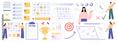 Planning and productivity icon set with people, calendar, checklist and to do list. Schedule, target, trophy, chart, hourglass, clock, progress bar and pencil. Flat vector illustration