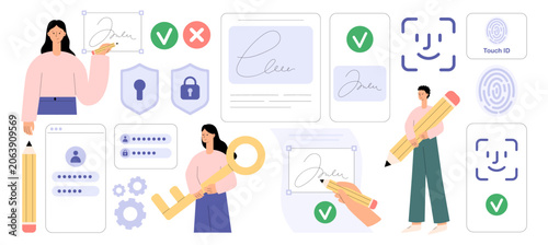 Digital identity icon set with people, signature and authentication elements. Face ID, Touch ID, fingerprint, login, password, security shield, key and document signing. Flat vector illustration
