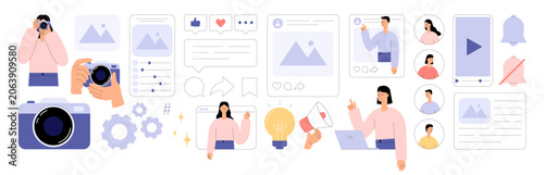 Content creation icon set with people, camera and social media feed. Blogger, photographer, video player, post, like, comment, share, megaphone, idea bulb and notification bell. Flat vector 