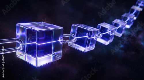 Blockchain immutable glass cube chain links purple blue glow distributed ledger fintech abstract technology dark cinematic background