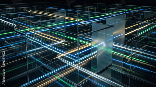 High frequency trading algorithm glass maze speed light streaks motion blur kinetic finance technology abstract dark background concept