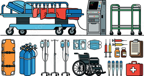 Fényképezés Hospital emergency room medical vector icon set featuring adjustable stretcher w
