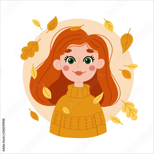 Woman autumn portrait. Cute cozy scene with a girl in yellow leaves. Vector character in simple style