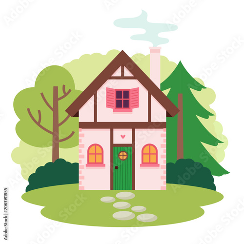 Cute house in the nature. Whimsical scene, cozy home in forest. Vector illustration in simple style