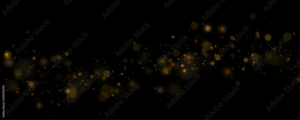 Fototapeta premium Shimmering gold flakes, sparkling gold particles on a black background. Radiant light sparkle with yellow glitter dust. Tiny material textures in art designs. Vector illustration.