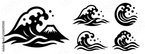 切り絵風の和風の波イラストセット