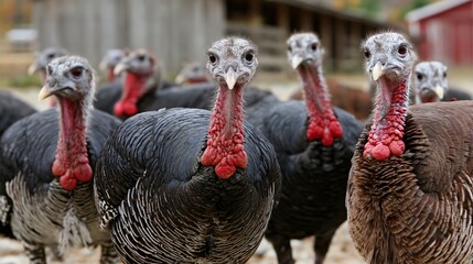 Farm turkeys live happily on the farm, posing for photos. These domestic birds are very important, especially for Thanksgiving.