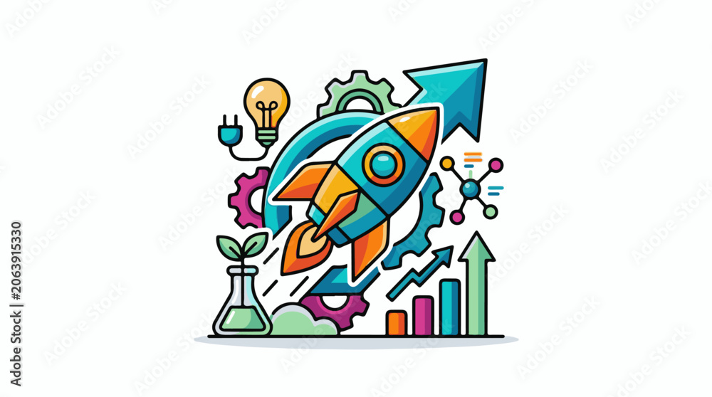 Fototapeta premium Colorful illustration of a rocket ship with various symbols