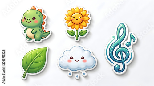 Cute stickers, colorful icons, cartoon characters, sticker set