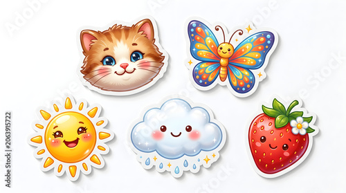 Cute stickers, colorful icons, smiling faces, cartoon characters, stickers set